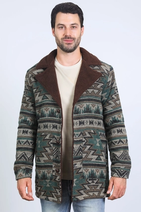 Mens Ethnic Aztec Long Twill Turquoise Coat World Glow NonChafe