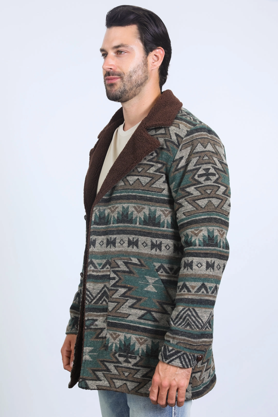 Mens Ethnic Aztec Long Twill Turquoise Coat Organic Cotton Mind Ease