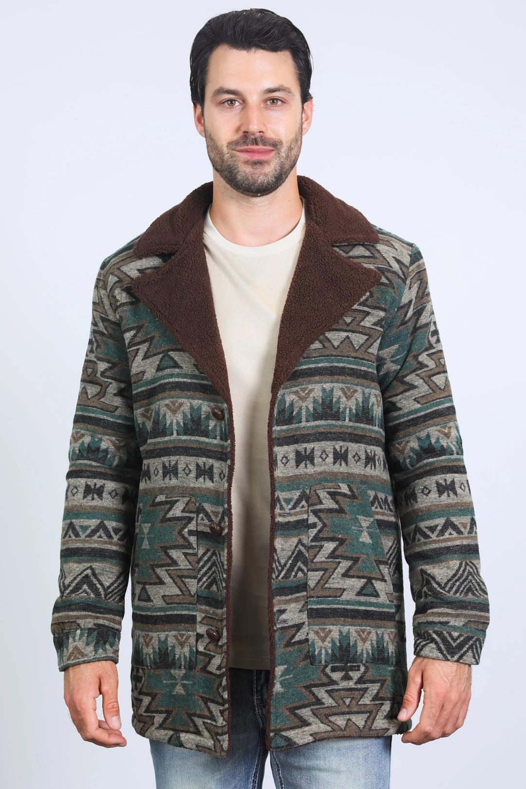 Mens Ethnic Aztec Long Twill Turquoise Coat World Glow NonChafe