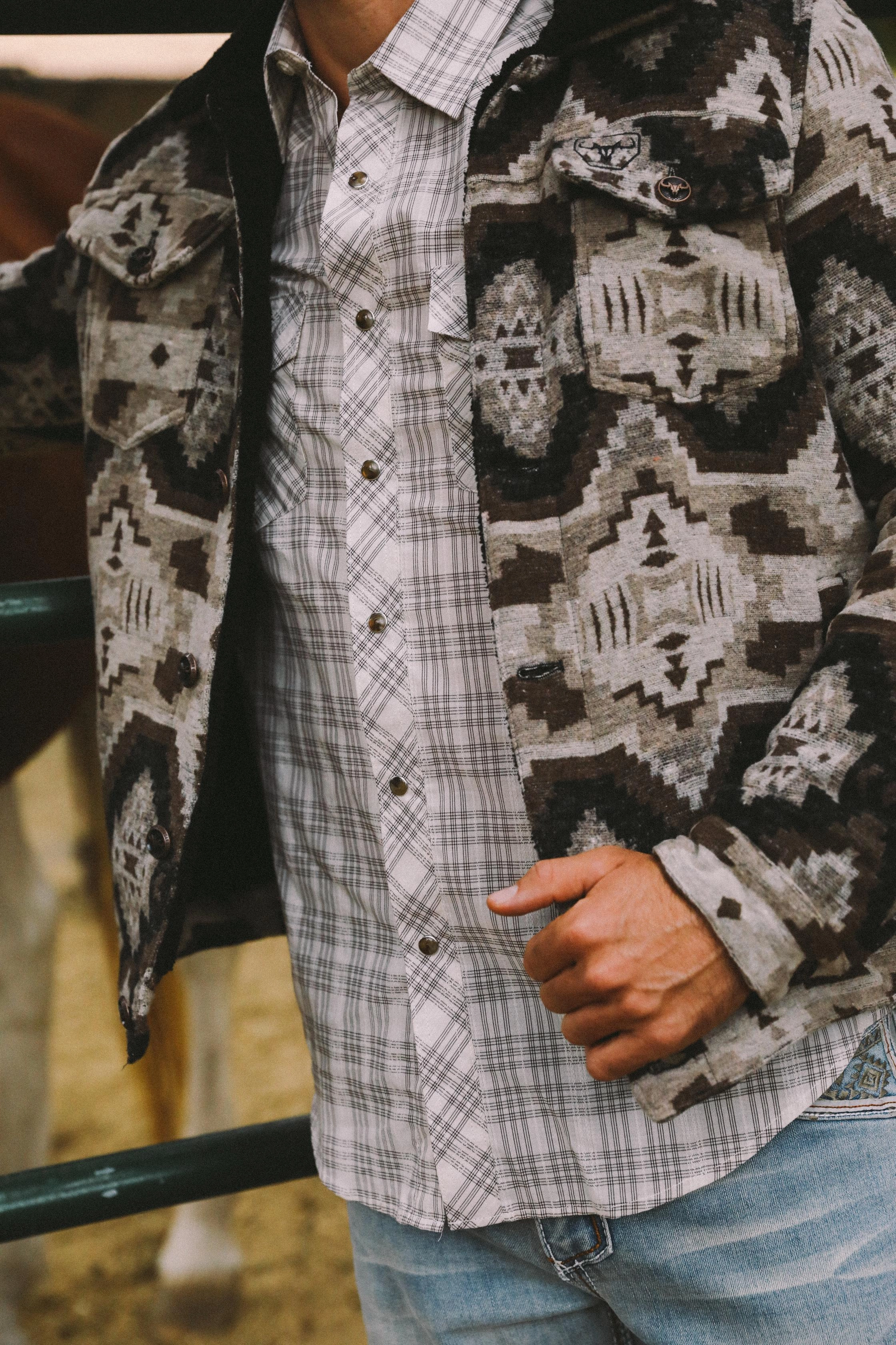 Fashion Layers Heart Glow Mens Ethnic Aztec Quilted Fur Lined Beige Jacket