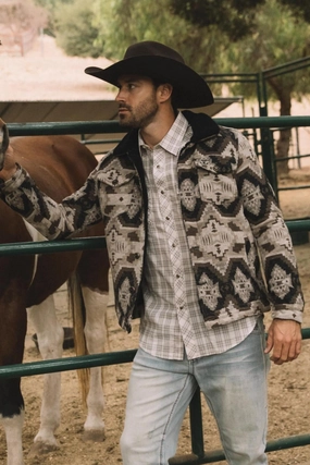 british retro Mens Ethnic Aztec Quilted Fur Lined Beige Jacket