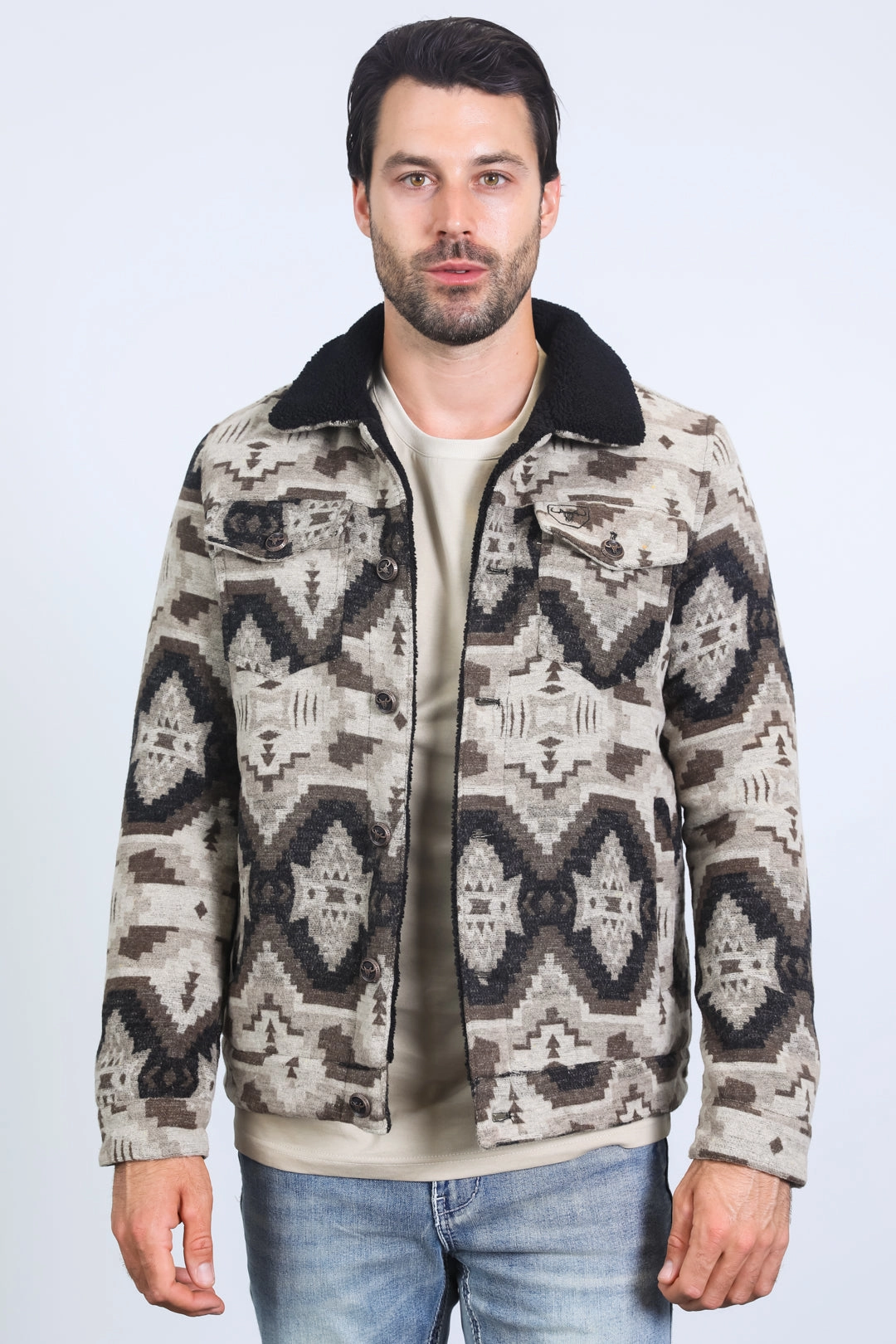 Mens Ethnic Aztec Quilted Fur Lined Beige Jacket Silver Glow Universal Clasp Mechanism