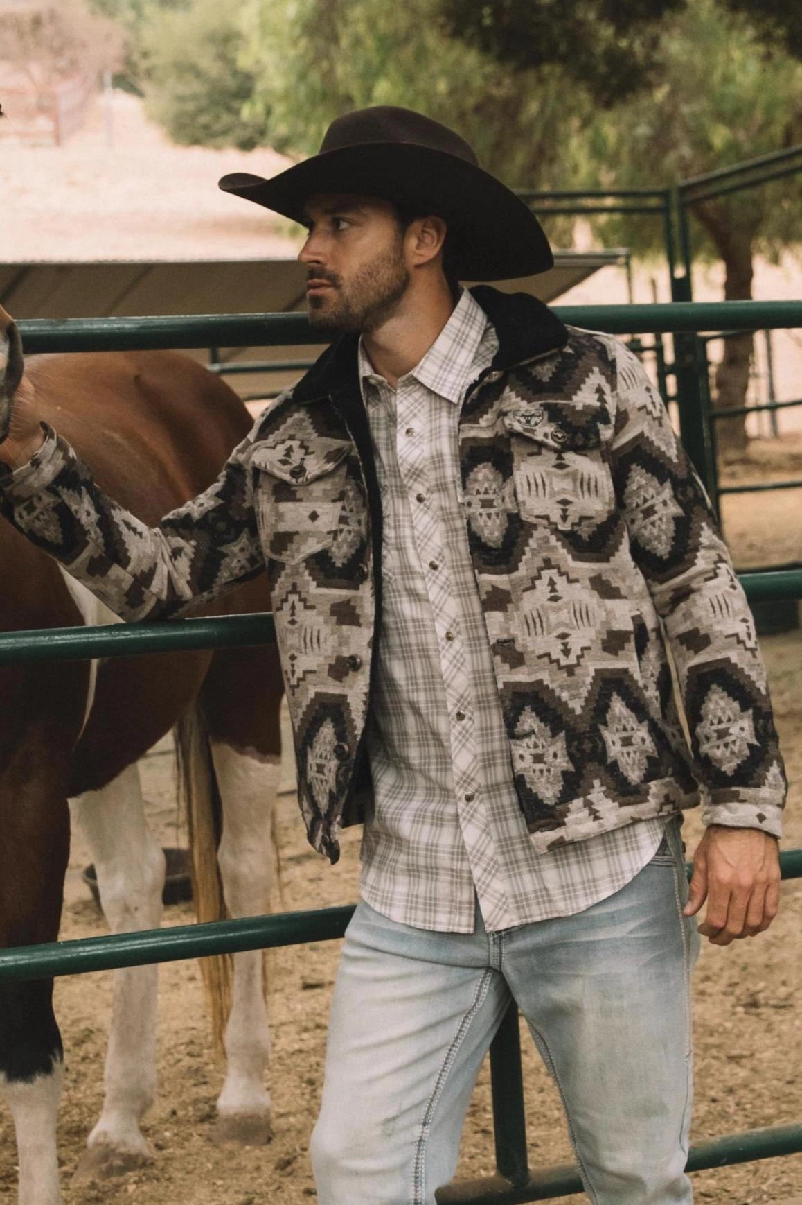 british retro Mens Ethnic Aztec Quilted Fur Lined Beige Jacket