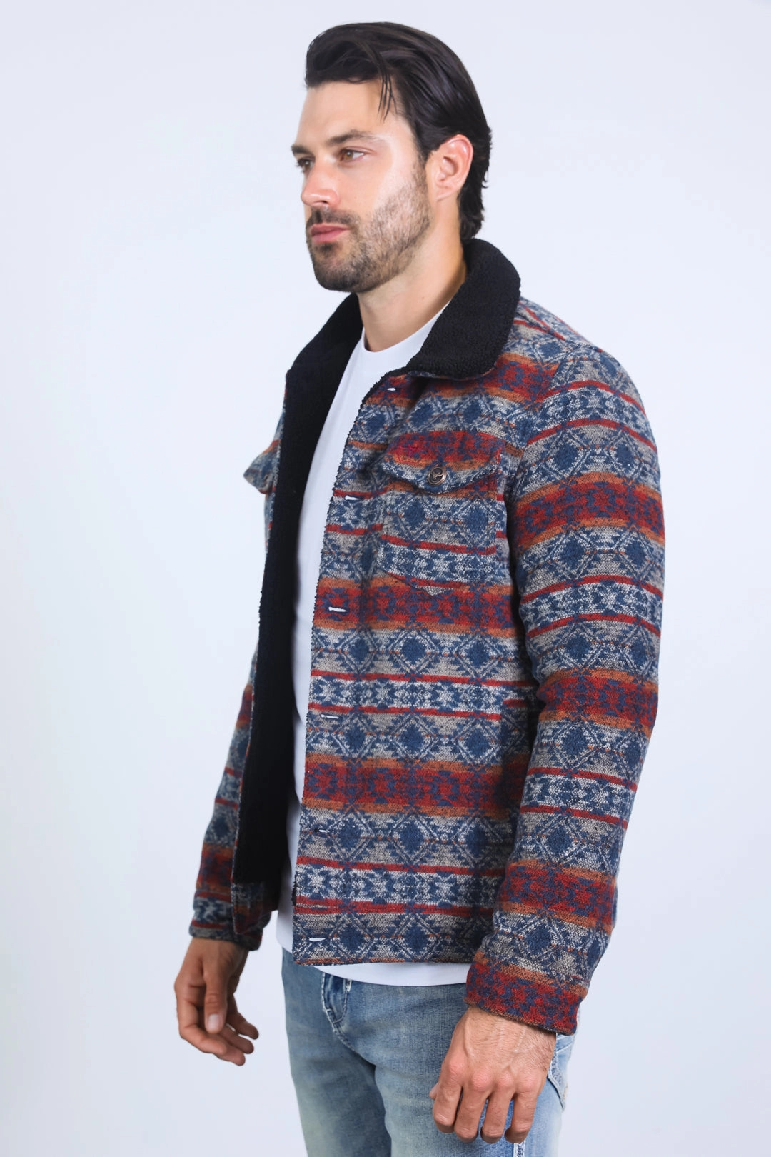 Mens Ethnic Aztec Quilted Fur Lined Black Jacket Ship Glow Rain Fit