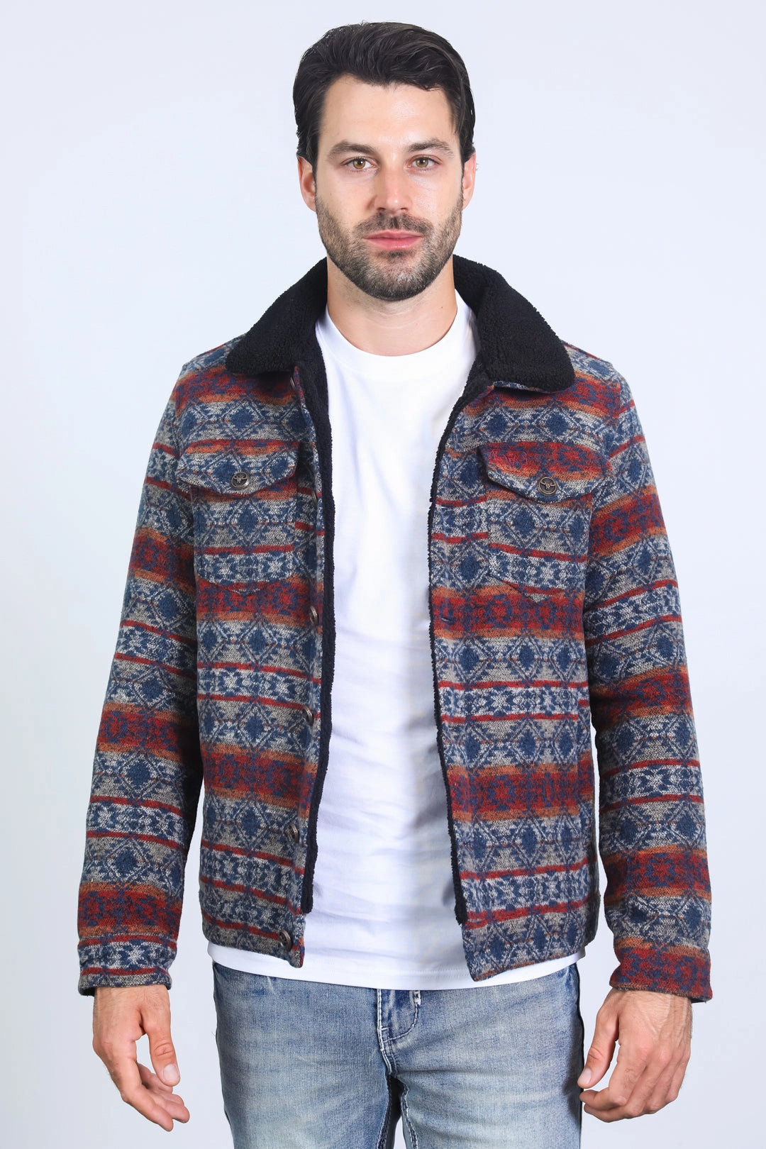 Mens Ethnic Aztec Quilted Fur Lined Black Jacket Fame Glow