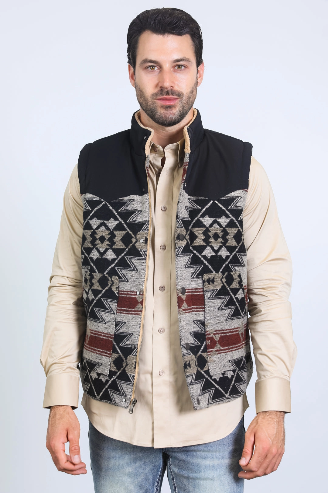 Fade Resistant Dye Slim Fit Design Mens Ethnic Aztec Quilted Fur Lined Black/Khaki Vest