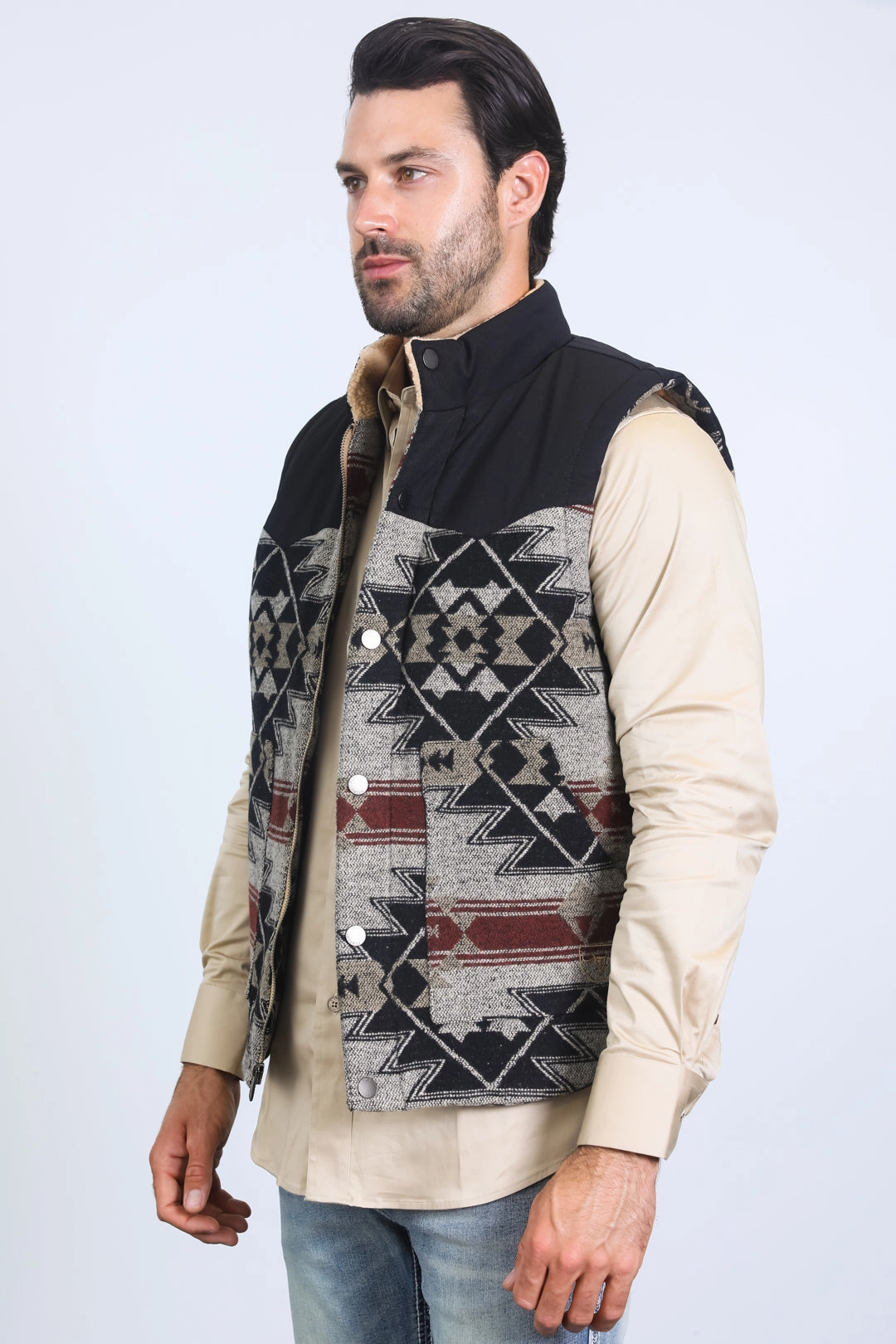 Runway Inspired Layered Hem Design Mens Ethnic Aztec Quilted Fur Lined Black/Khaki Vest