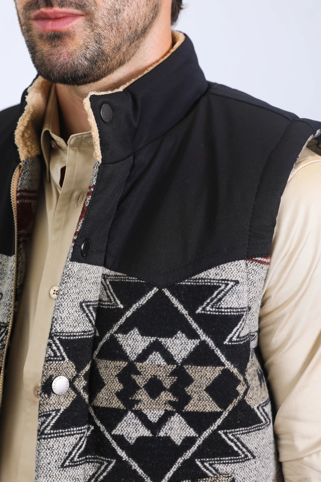 Compact Layer Comfort Flex Fit Mens Ethnic Aztec Quilted Fur Lined Black/Khaki Vest