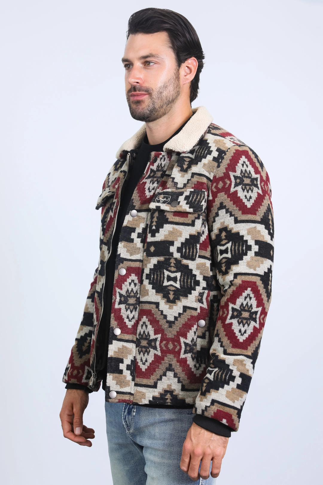 Mens Ethnic Aztec Quilted Fur Lined Black/Red Jacket Summer Glow