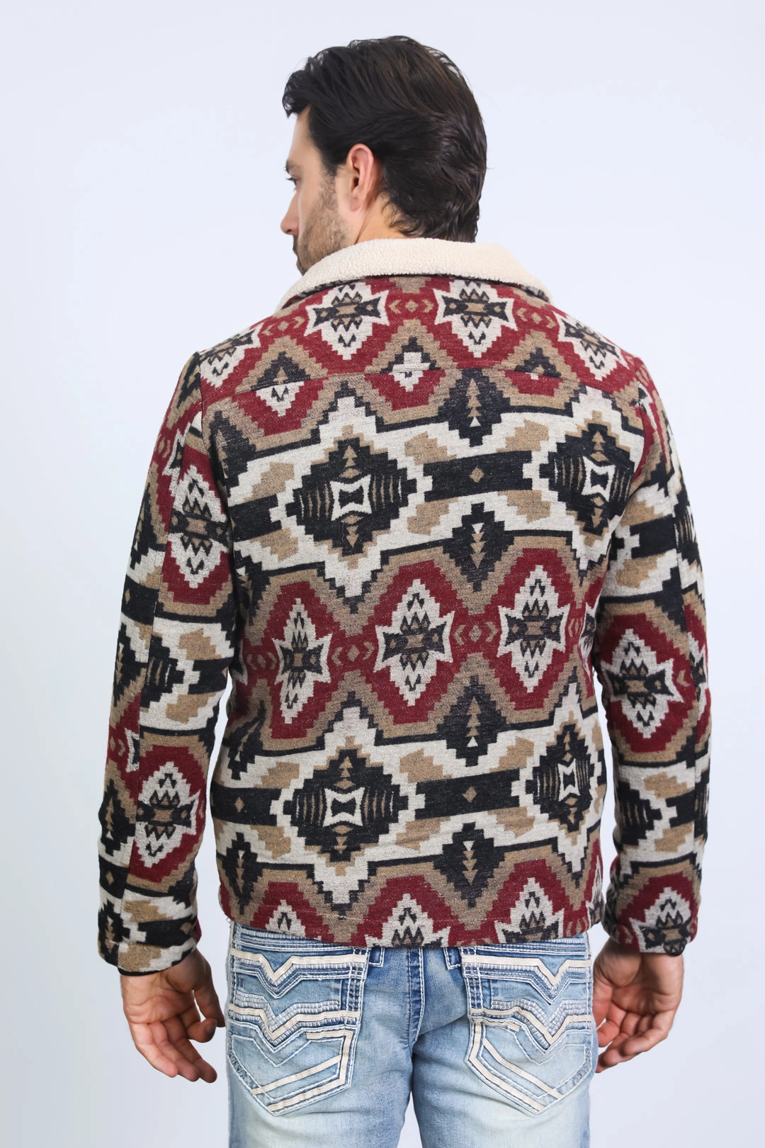 Transitional Fashion Mens Ethnic Aztec Quilted Fur Lined Black/Red Jacket