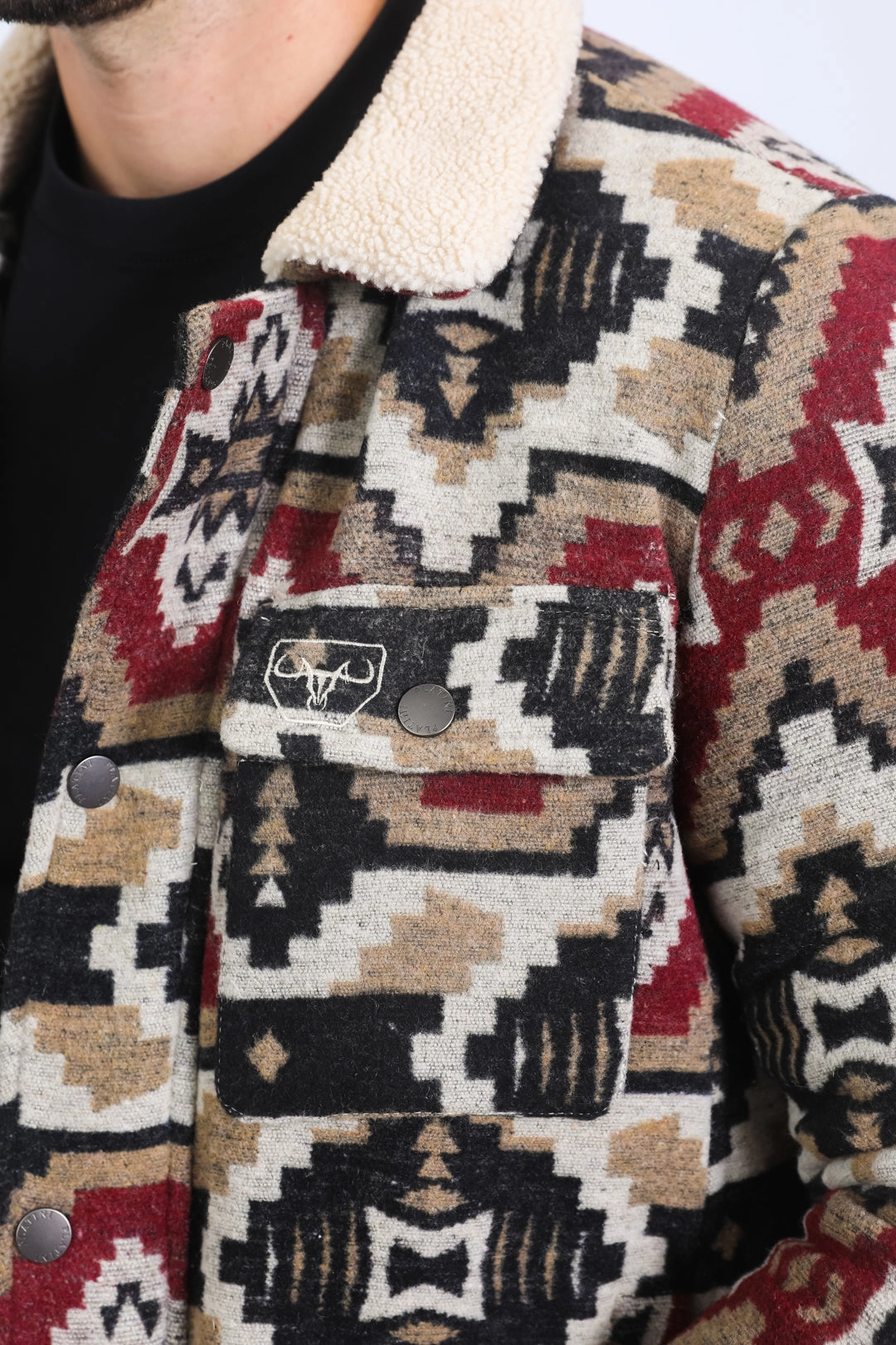 FadeResistant Dye Mens Ethnic Aztec Quilted Fur Lined Black/Red Jacket