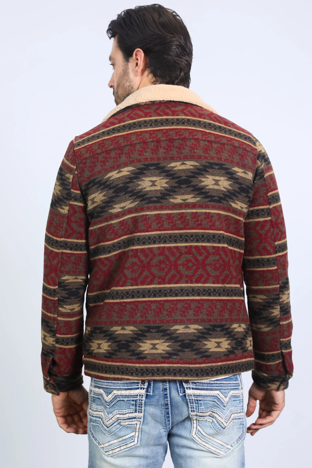 Mens Ethnic Aztec Quilted Fur Lined Burgundy Jacket Star Light