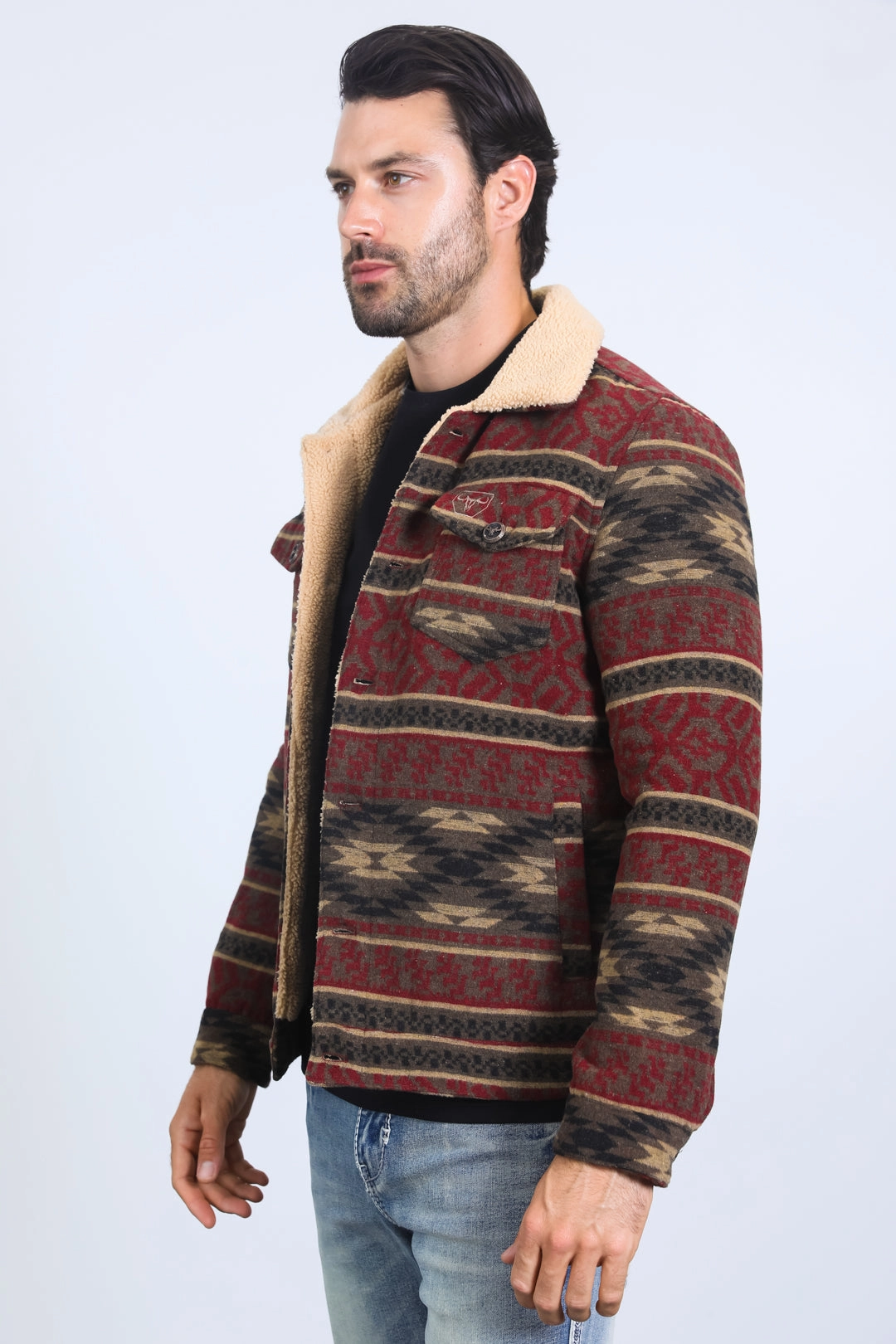 WrinkleFreeTexture Mens Ethnic Aztec Quilted Fur Lined Burgundy Jacket