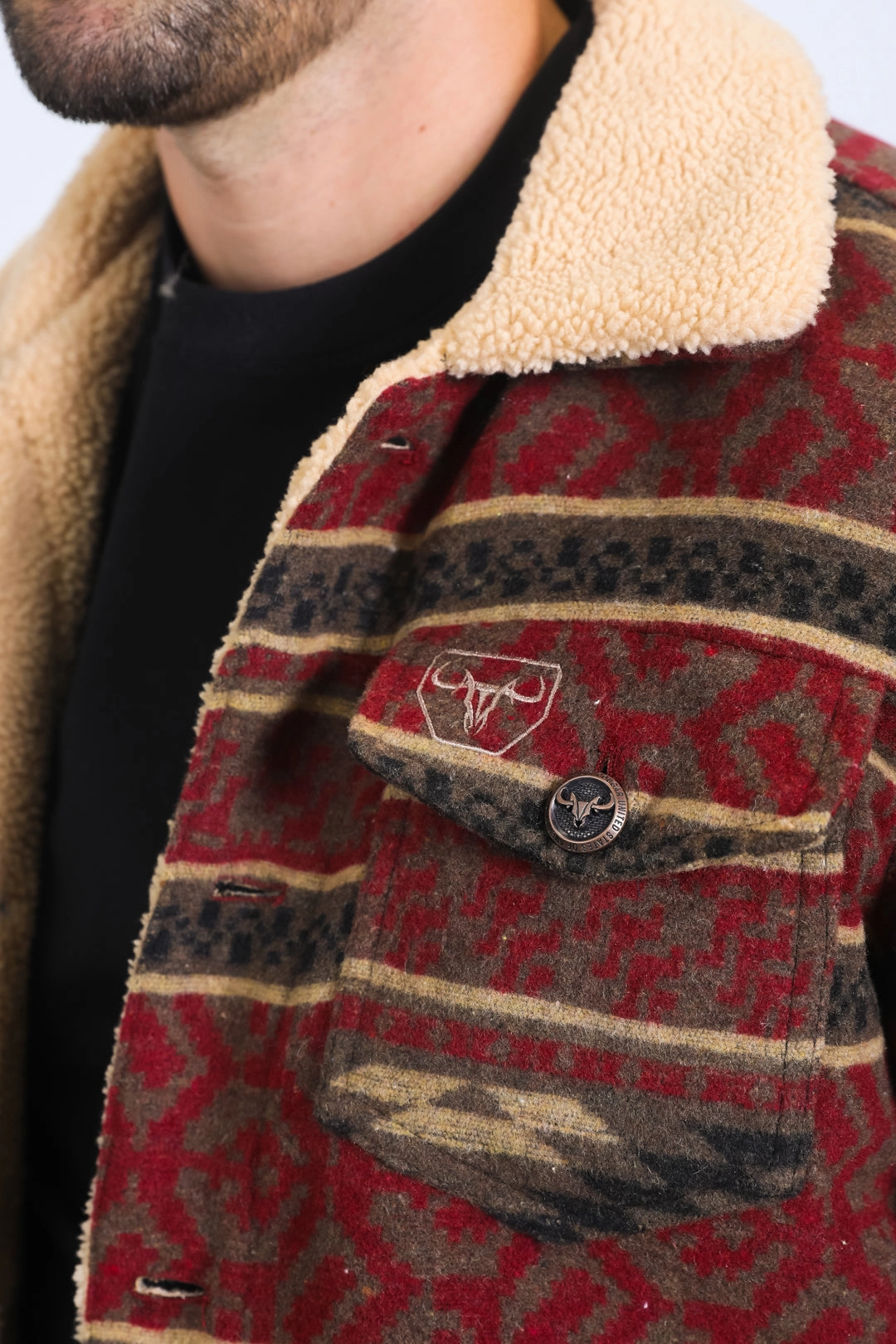 Mens Ethnic Aztec Quilted Fur Lined Burgundy Jacket Sequin Glow Road Soul