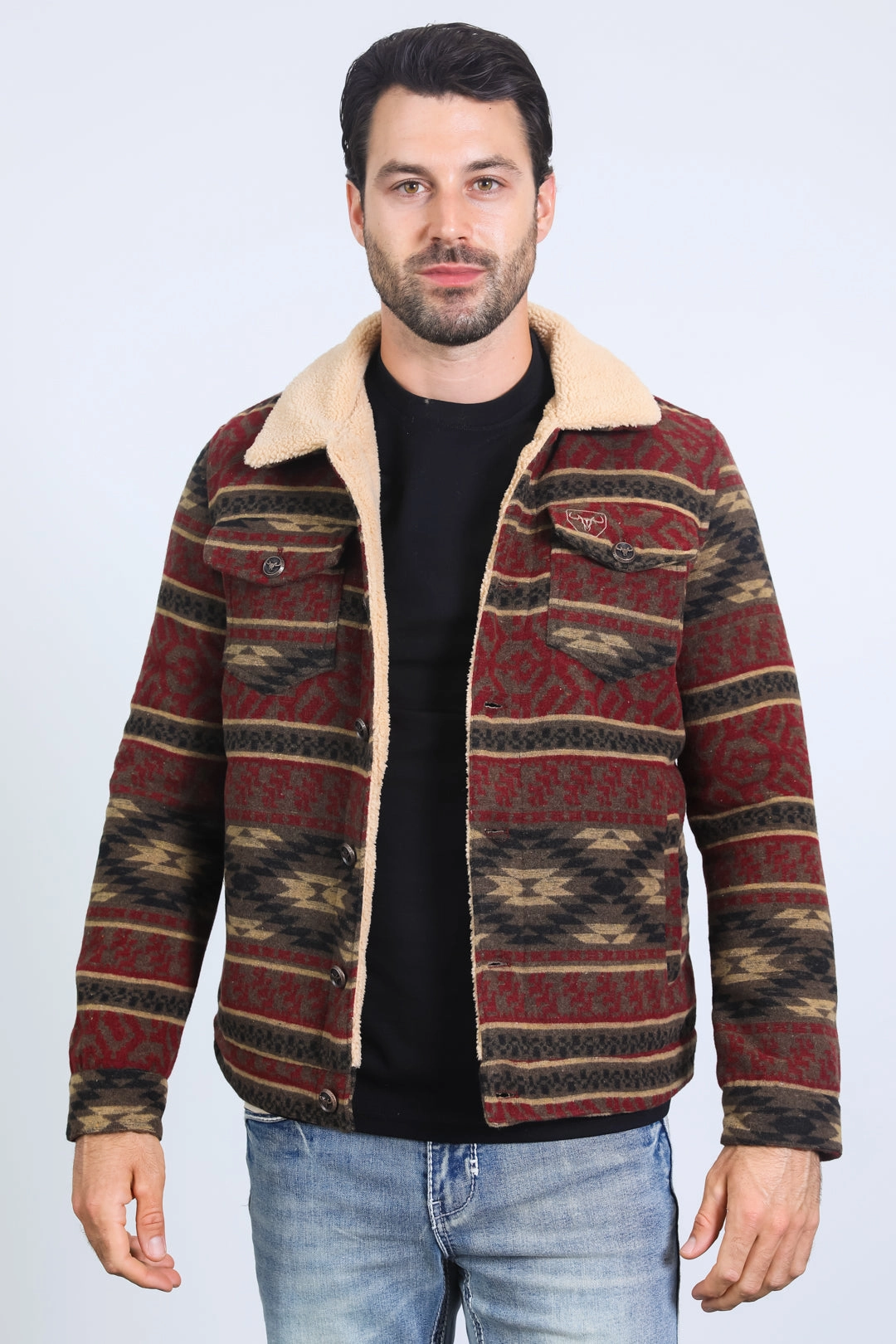 Mens Ethnic Aztec Quilted Fur Lined Burgundy Jacket Dry Touch Casual Look