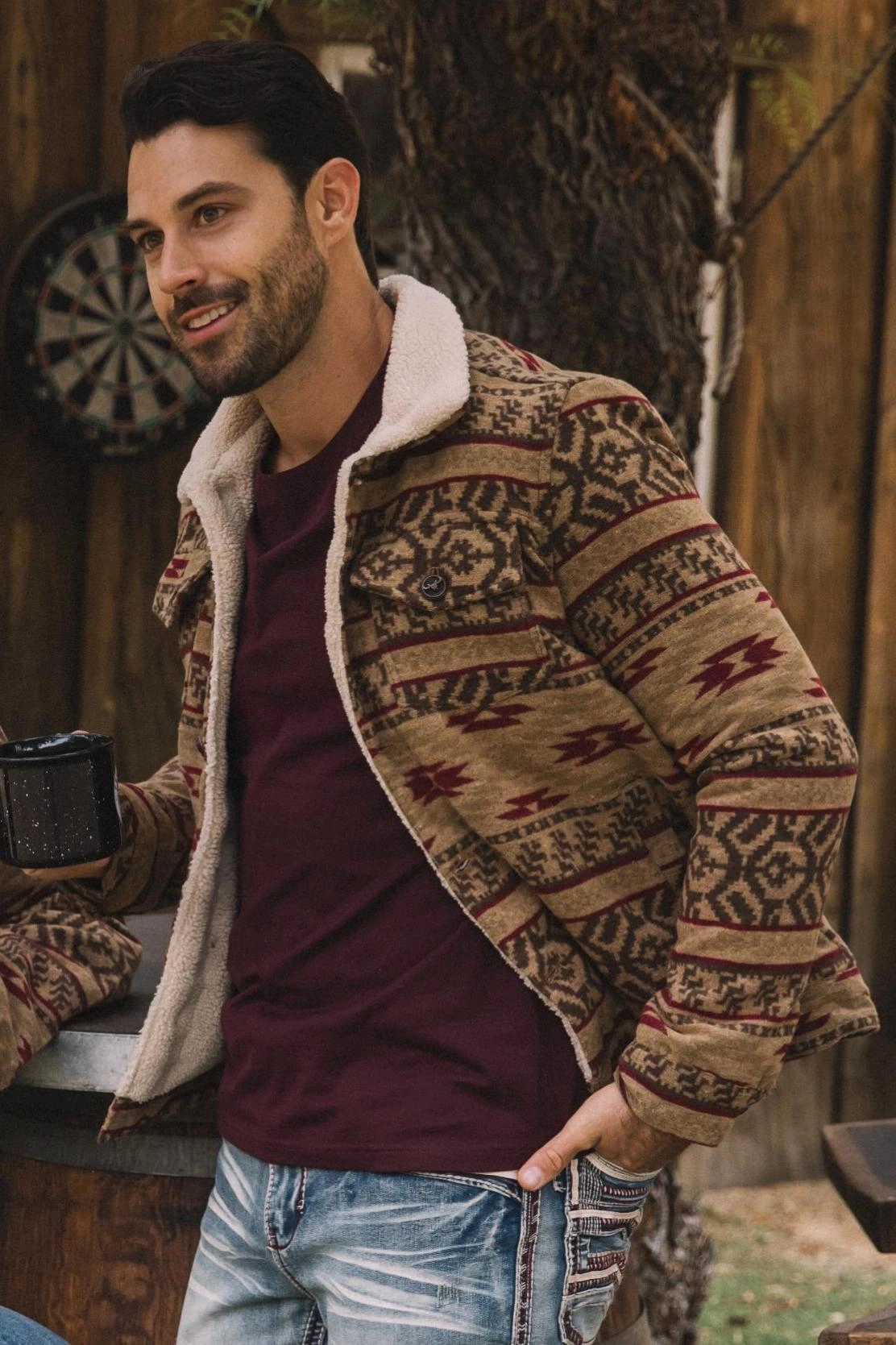 Mens Ethnic Aztec Quilted Fur Lined Camel Jacket Plane Mood