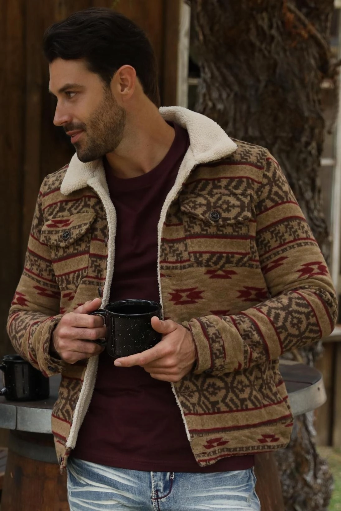 TumbleDry Safe Mens Ethnic Aztec Quilted Fur Lined Camel Jacket