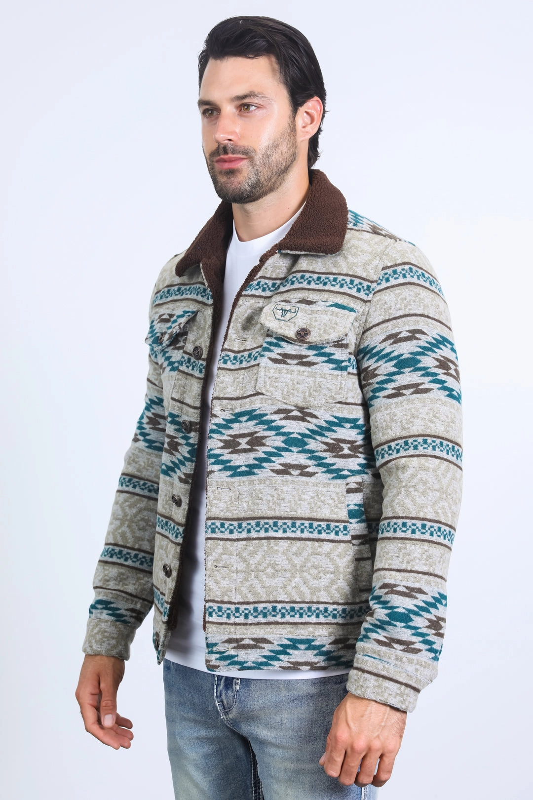 Mens Ethnic Aztec Quilted Fur Lined Grey Jacket ReinforcedHems