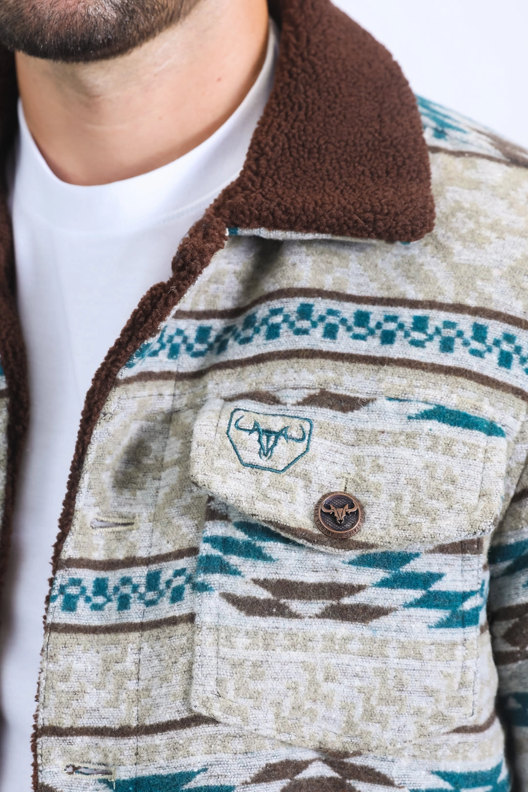 Music Mood Mens Ethnic Aztec Quilted Fur Lined Grey Jacket