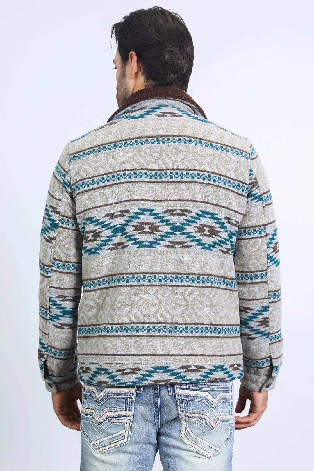 Mens Ethnic Aztec Quilted Fur Lined Grey Jacket Comfortable Jumpsuit Dad Core