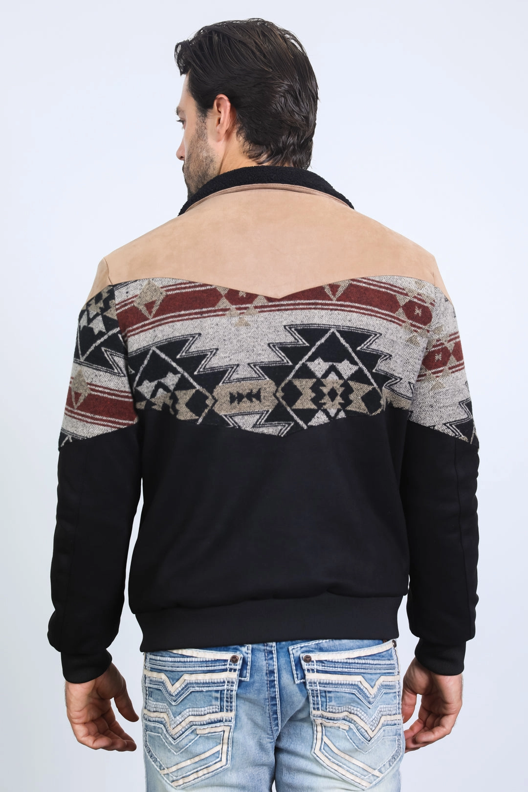 Sporty Style Mens Ethnic Aztec Quilted Twill Black/Beige Jacket W/Suede Accents