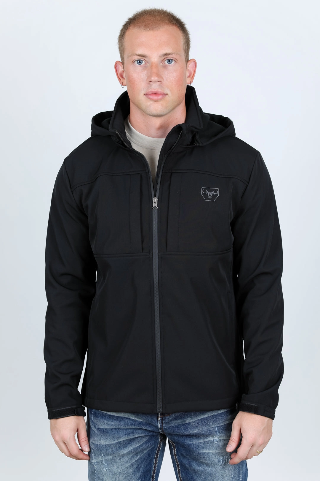 Mens Hooded Softshell Water-Resistant Jacket - Black Foldable Hem