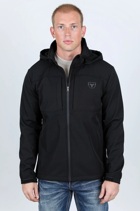 Mens Hooded Softshell Water-Resistant Jacket - Black Foldable Hem