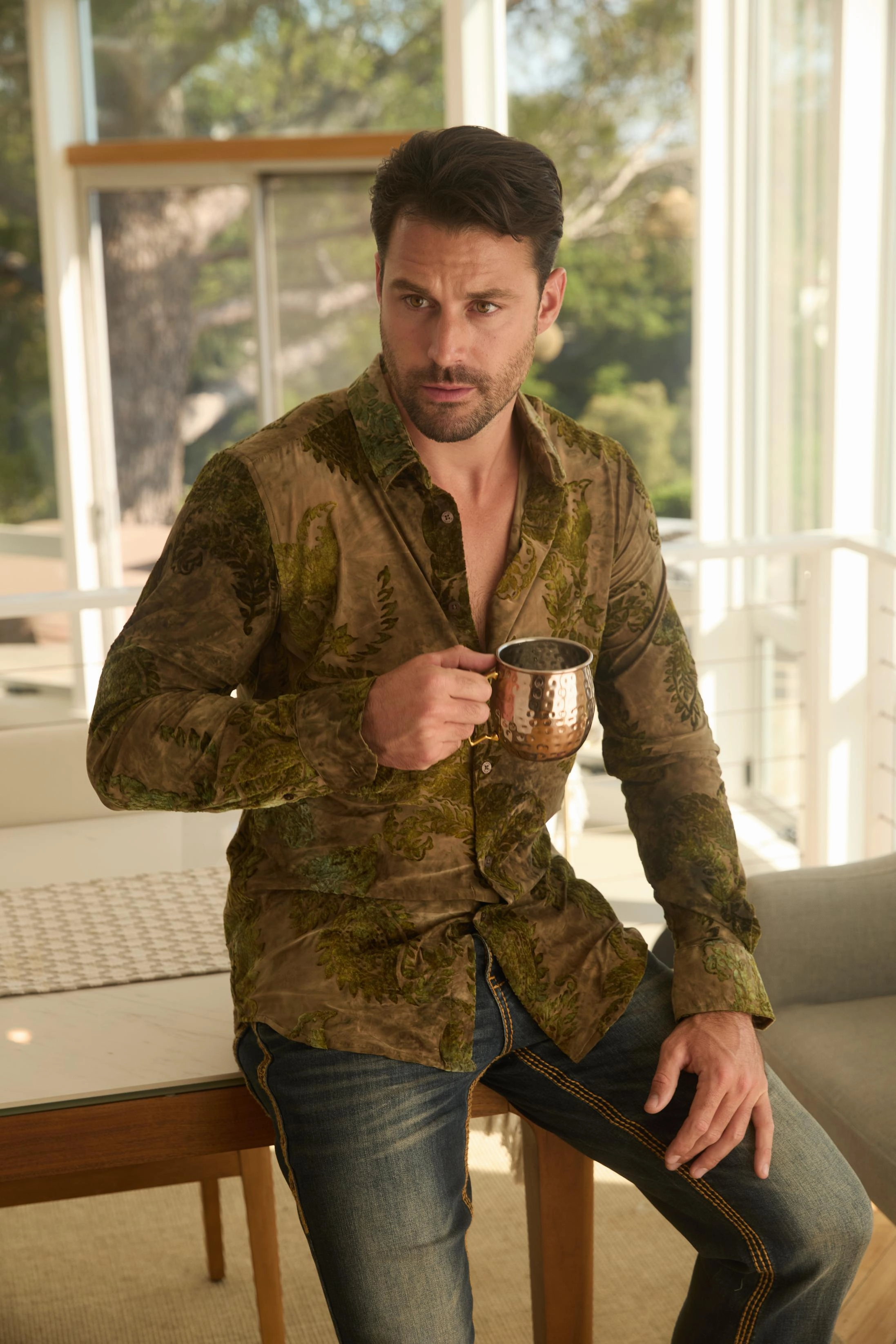 Smart Appearance Mens Jacquard Fabric Print Modern Fit Long Sleeve Beige Shirt