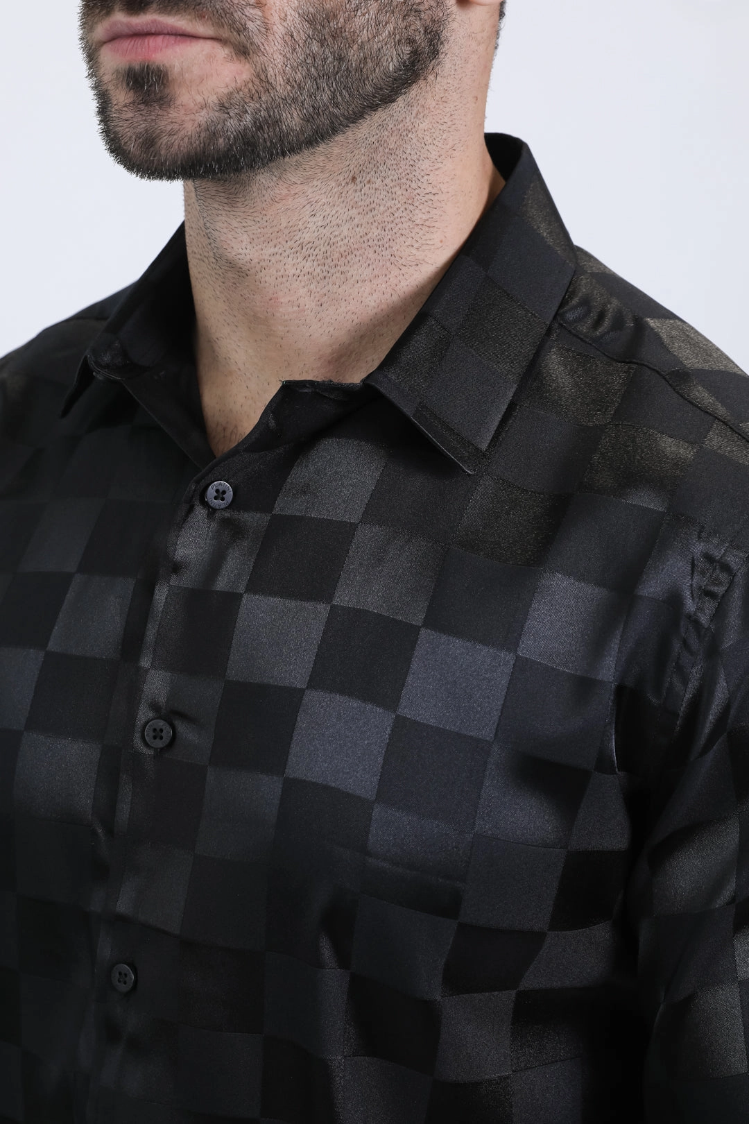 Mens Jacquard Fabric Print Modern Fit Long Sleeve Black Shirt Reinforced Buttonholes