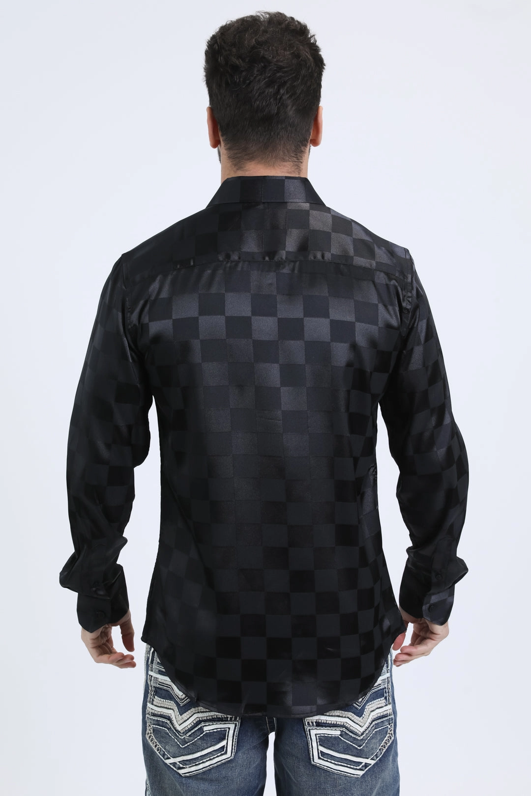 Mens Jacquard Fabric Print Modern Fit Long Sleeve Black Shirt shopping spree Abrasion Resistant Edges