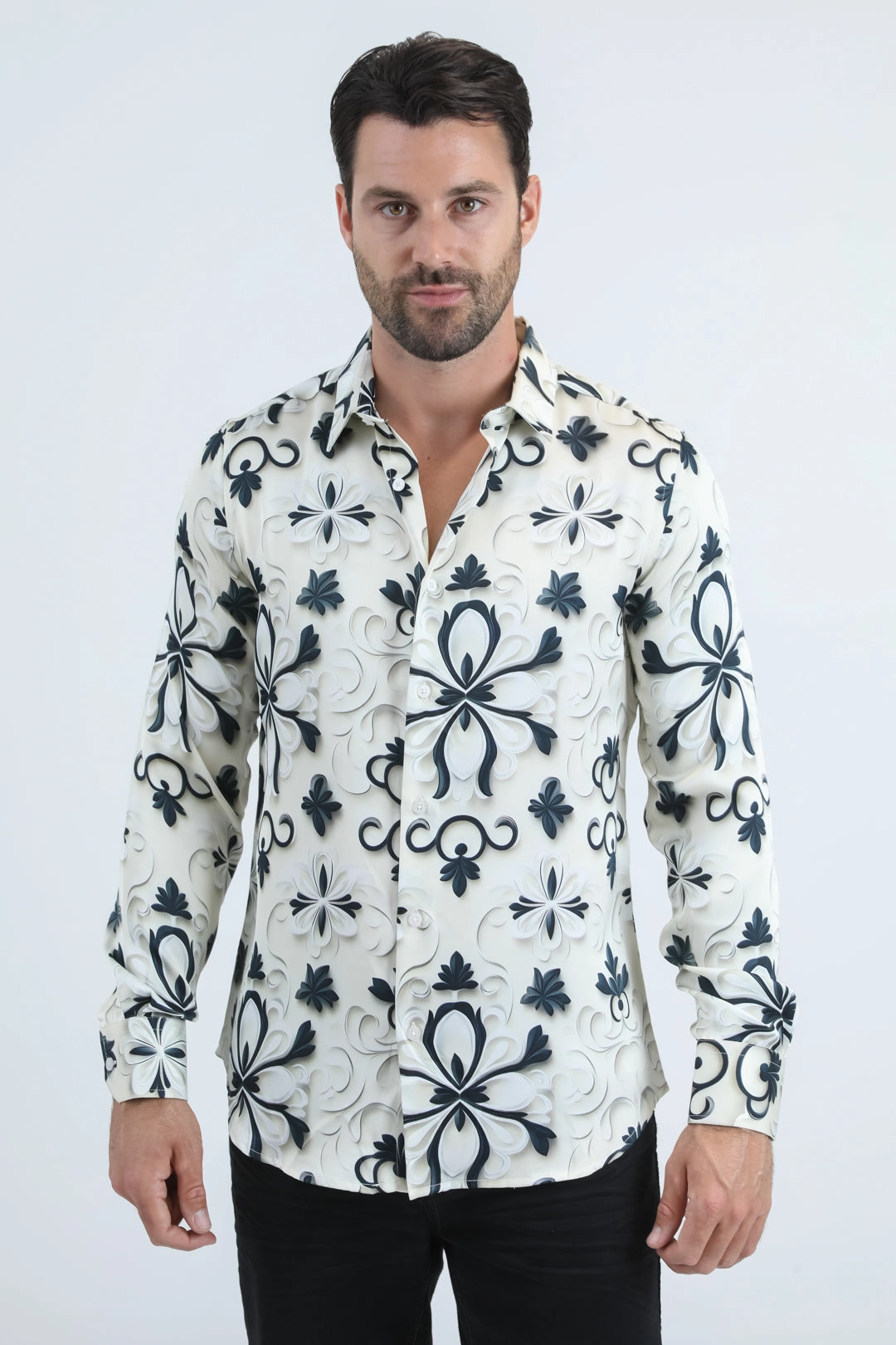 Minimalist Aesthetic Mens Jacquard Fabric Print Modern Fit Long Sleeve White Shirt