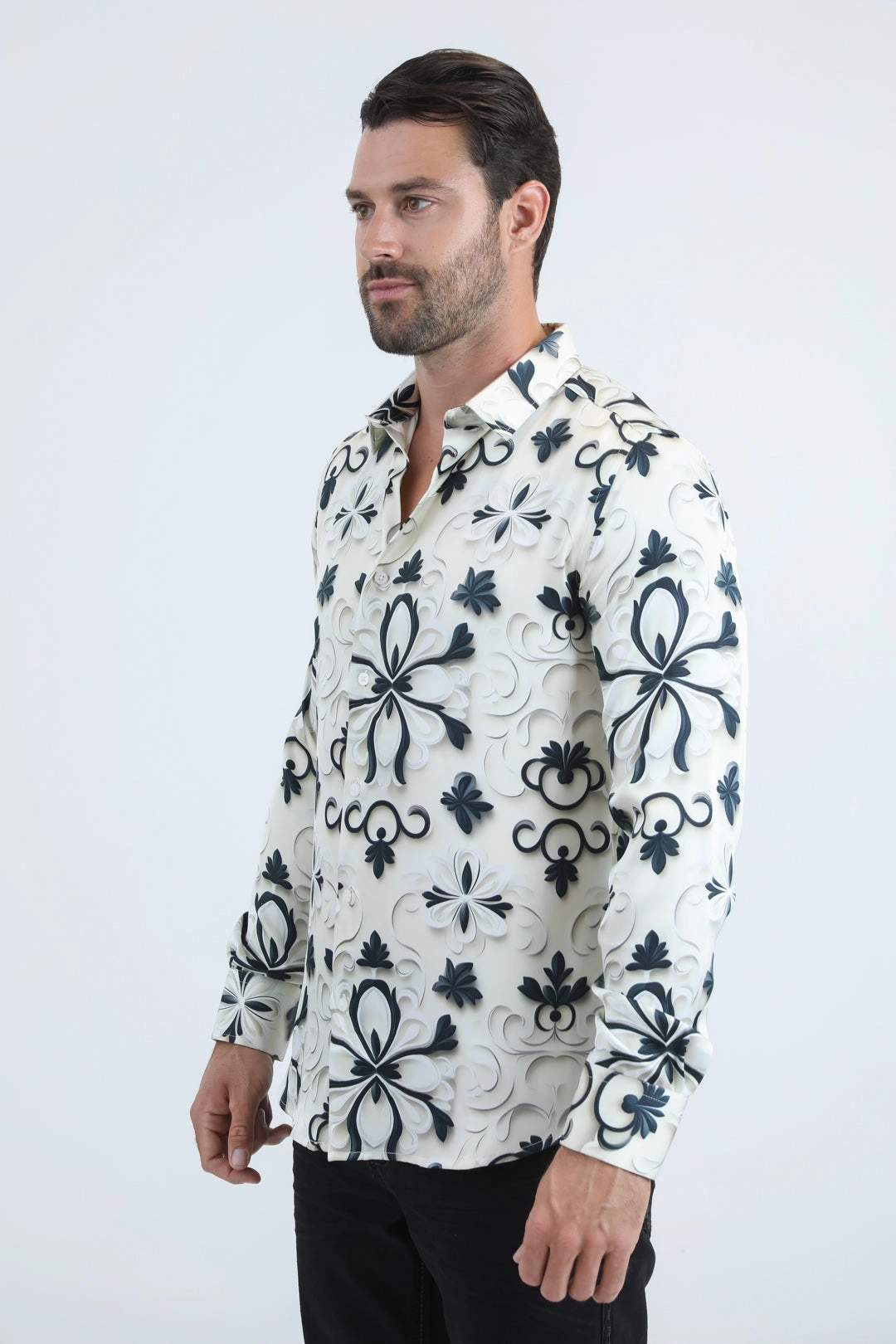 Mens Jacquard Fabric Print Modern Fit Long Sleeve White Shirt Contemporary Style