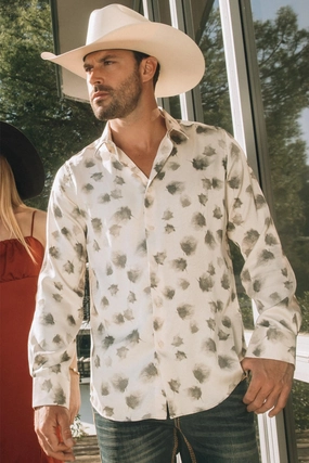 Mens Jacquard Fabric Print Modern Fit Long Sleeve White Shirt Timeless Wardrobe