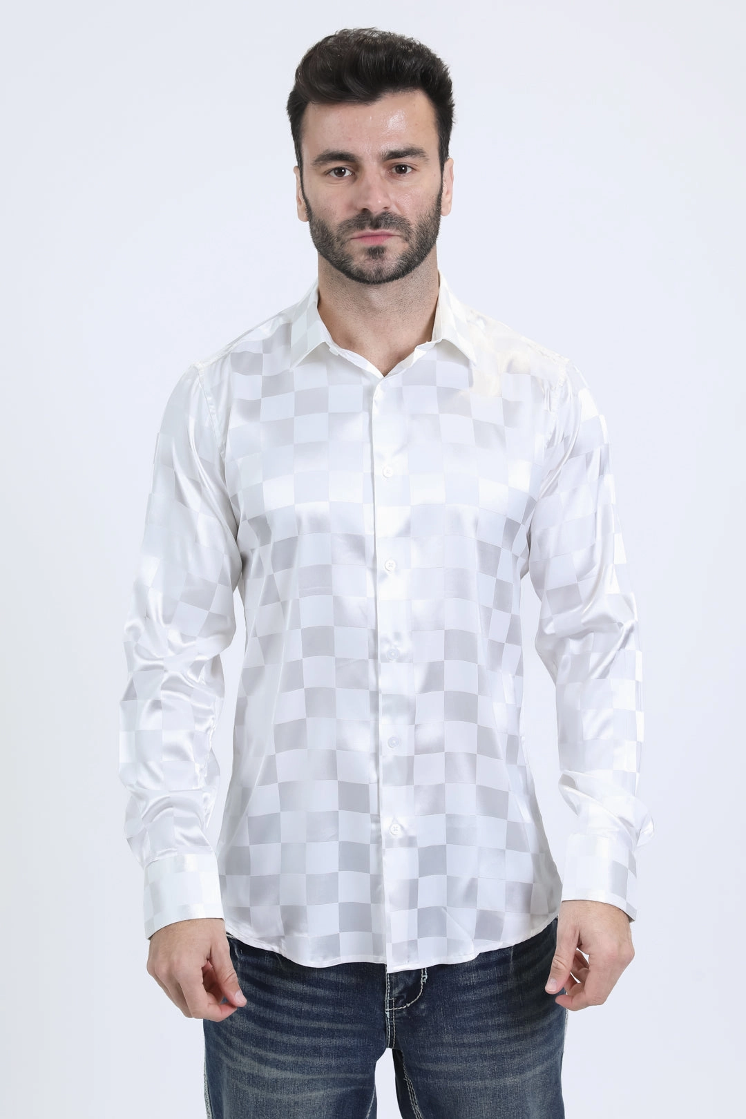 Mens Jacquard Fabric Print Modern Fit Long Sleeve White Shirt Athletic Cut