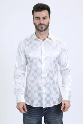 Mens Jacquard Fabric Print Modern Fit Long Sleeve White Shirt Athletic Cut