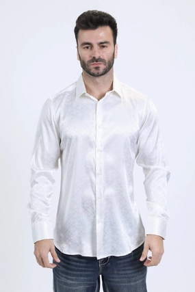 Mens Jacquard Fabric Print Modern Fit Long Sleeve White Shirt Breathable Fit