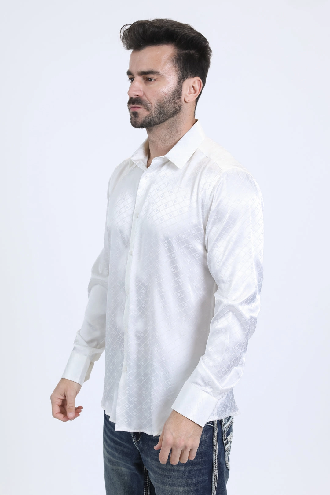 Mens Jacquard Fabric Print Modern Fit Long Sleeve White Shirt Casual Comfort Plus Size Fit
