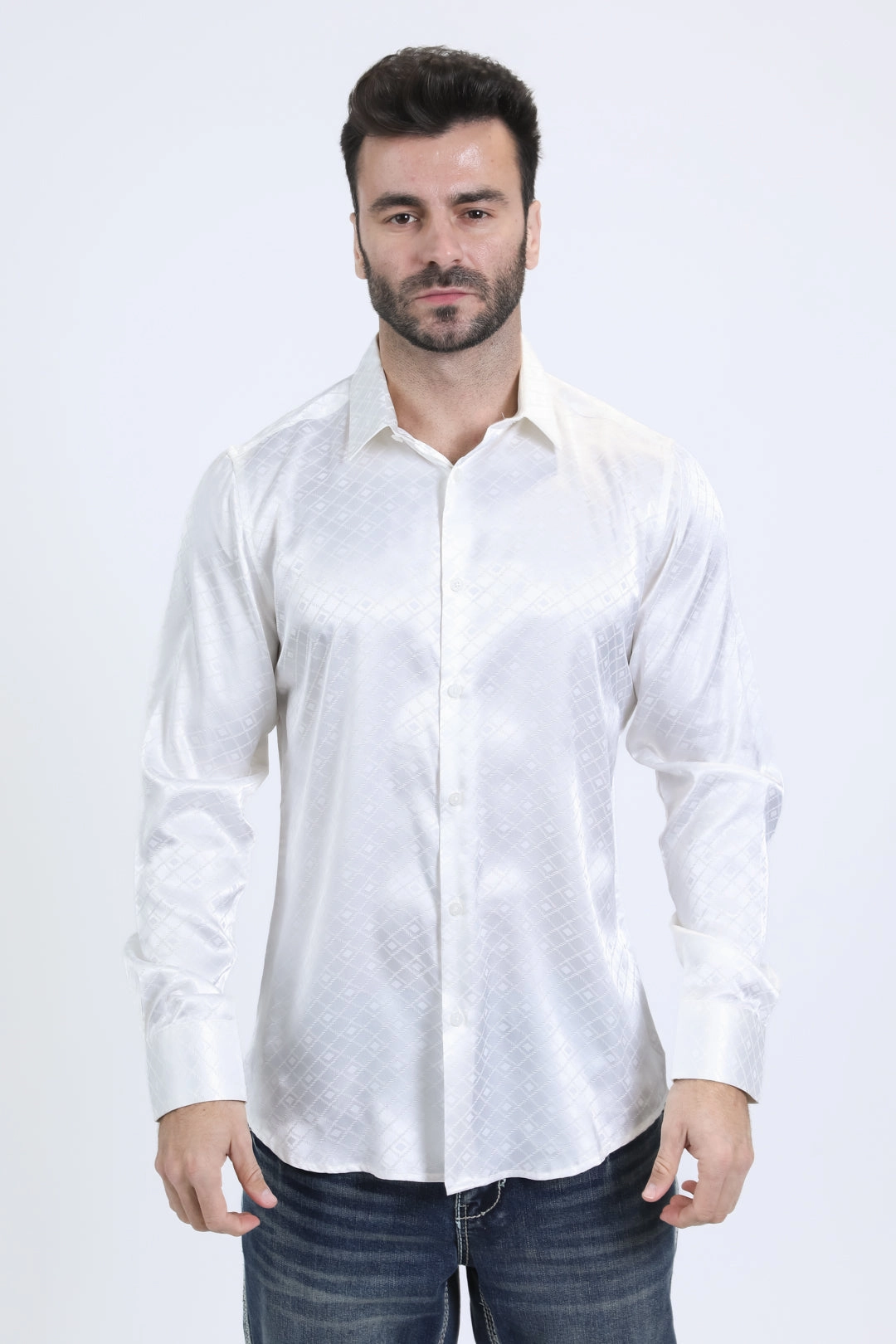 Mens Jacquard Fabric Print Modern Fit Long Sleeve White Shirt Breathable Fit
