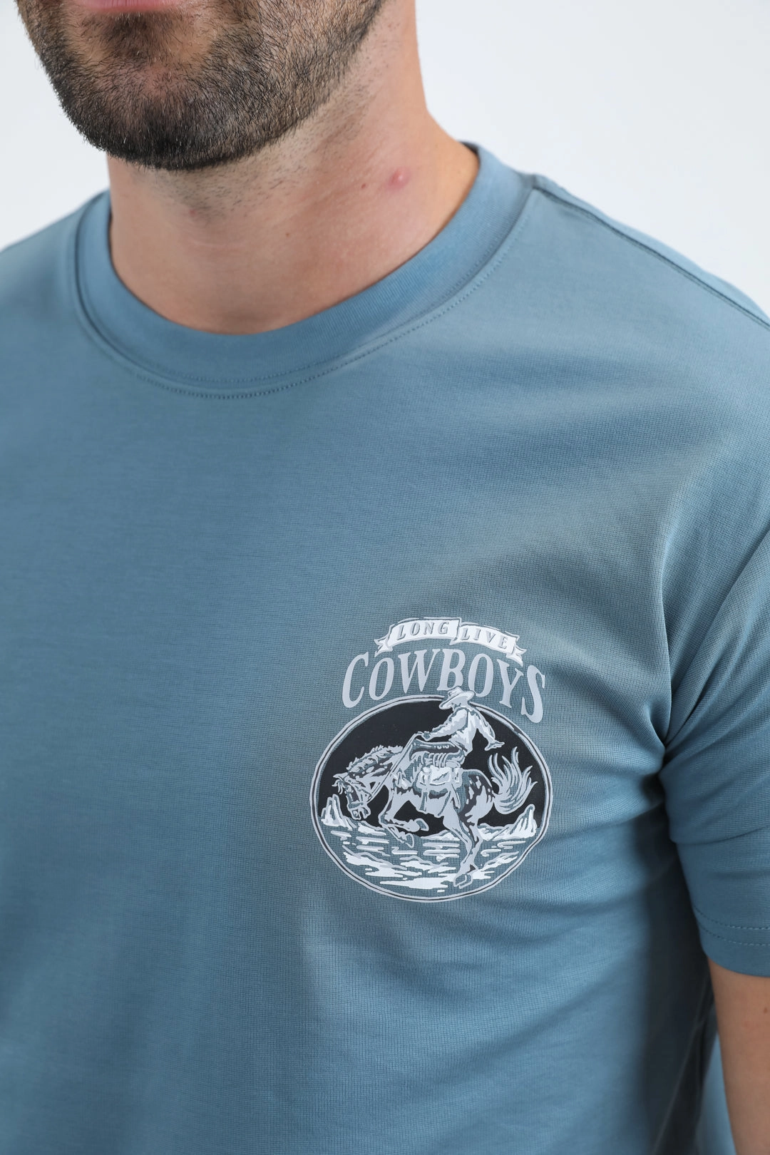 Mens Modern Fit Cotton Stretch Blue T-Shirt Curved Hem Preppy