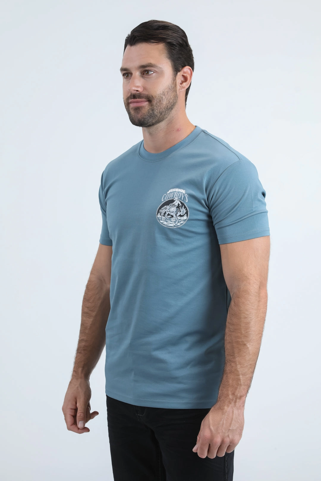 Mens Modern Fit Cotton Stretch Blue T-Shirt Daily Casual