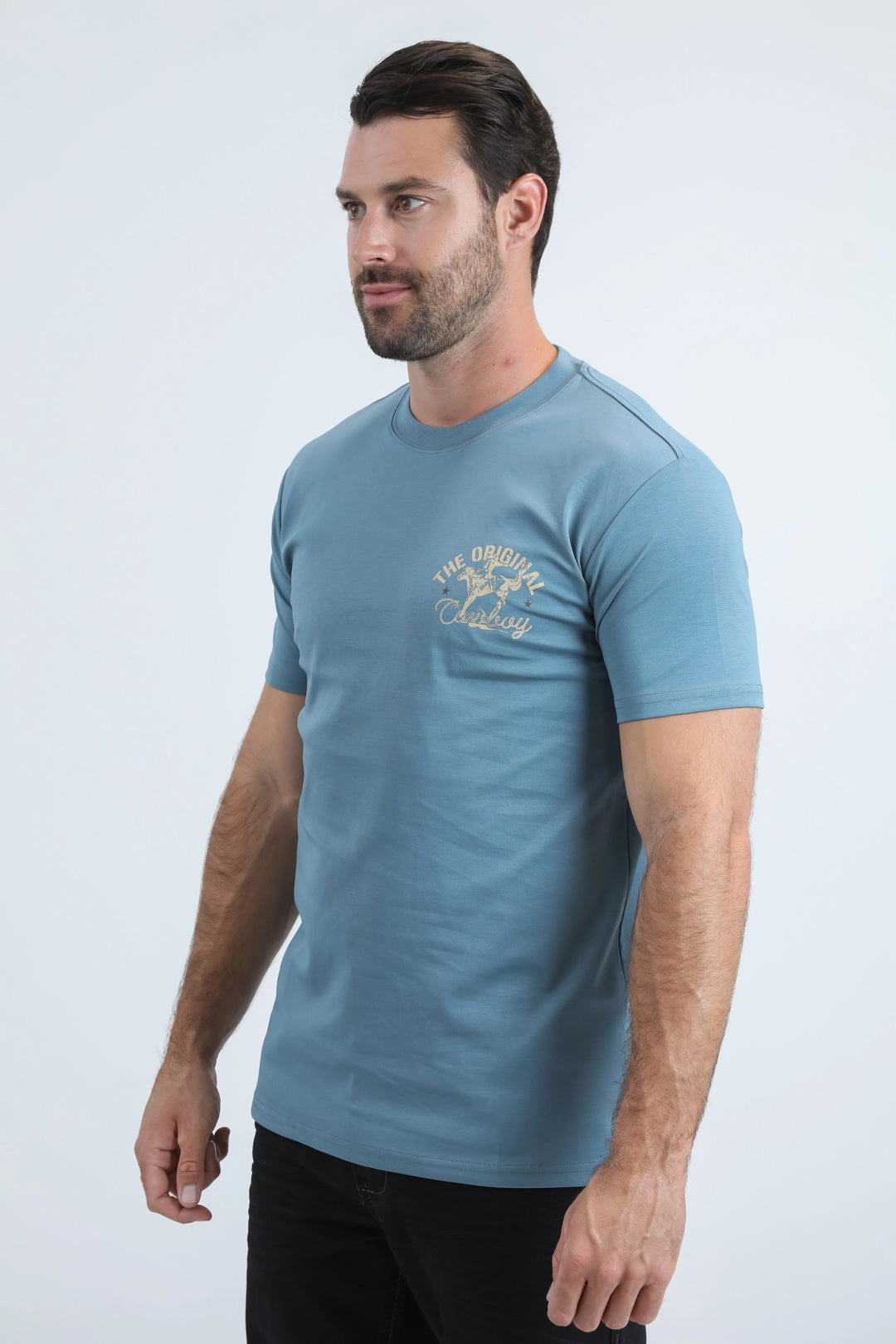 Mens Modern Fit Cotton Stretch Blue T-Shirt DropShoulderDesign