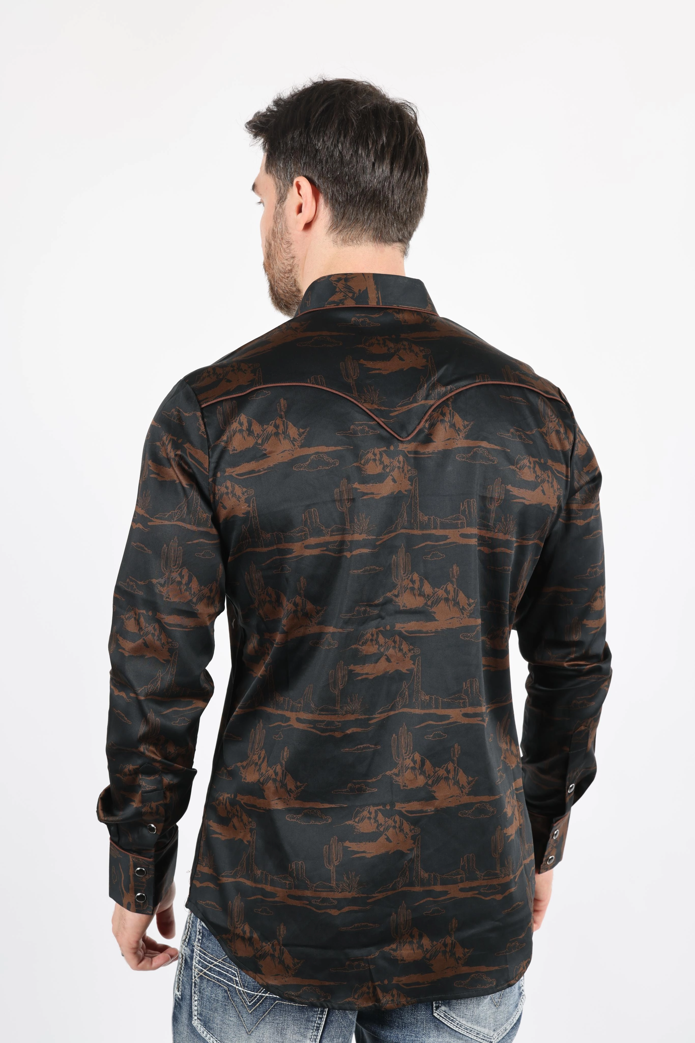 Mens Modern Fit Cotton Stretch Piping Cactus Monogram Print Shirt Fall Foliage