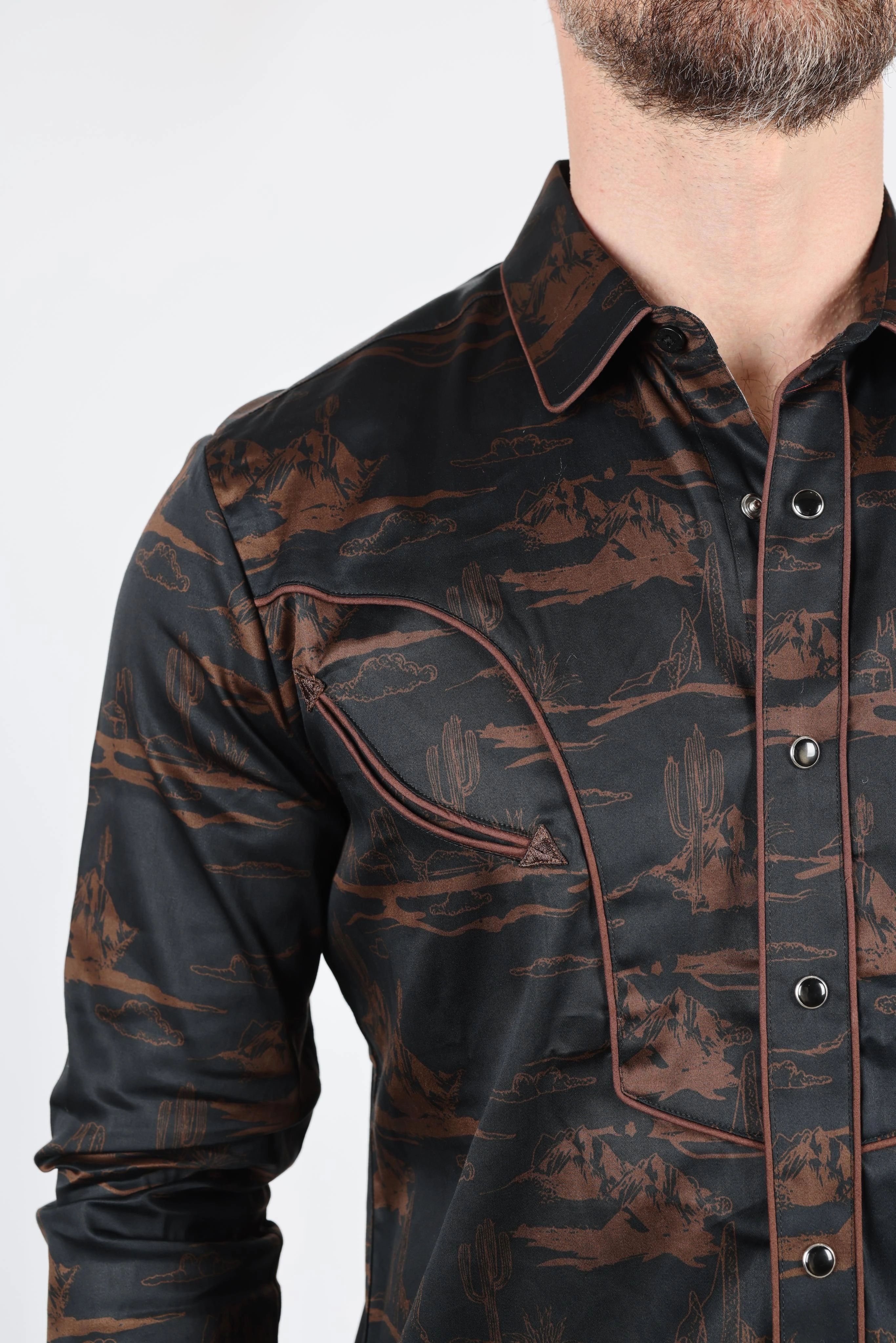 Mens Modern Fit Cotton Stretch Piping Cactus Monogram Print Shirt Slim Silhouette