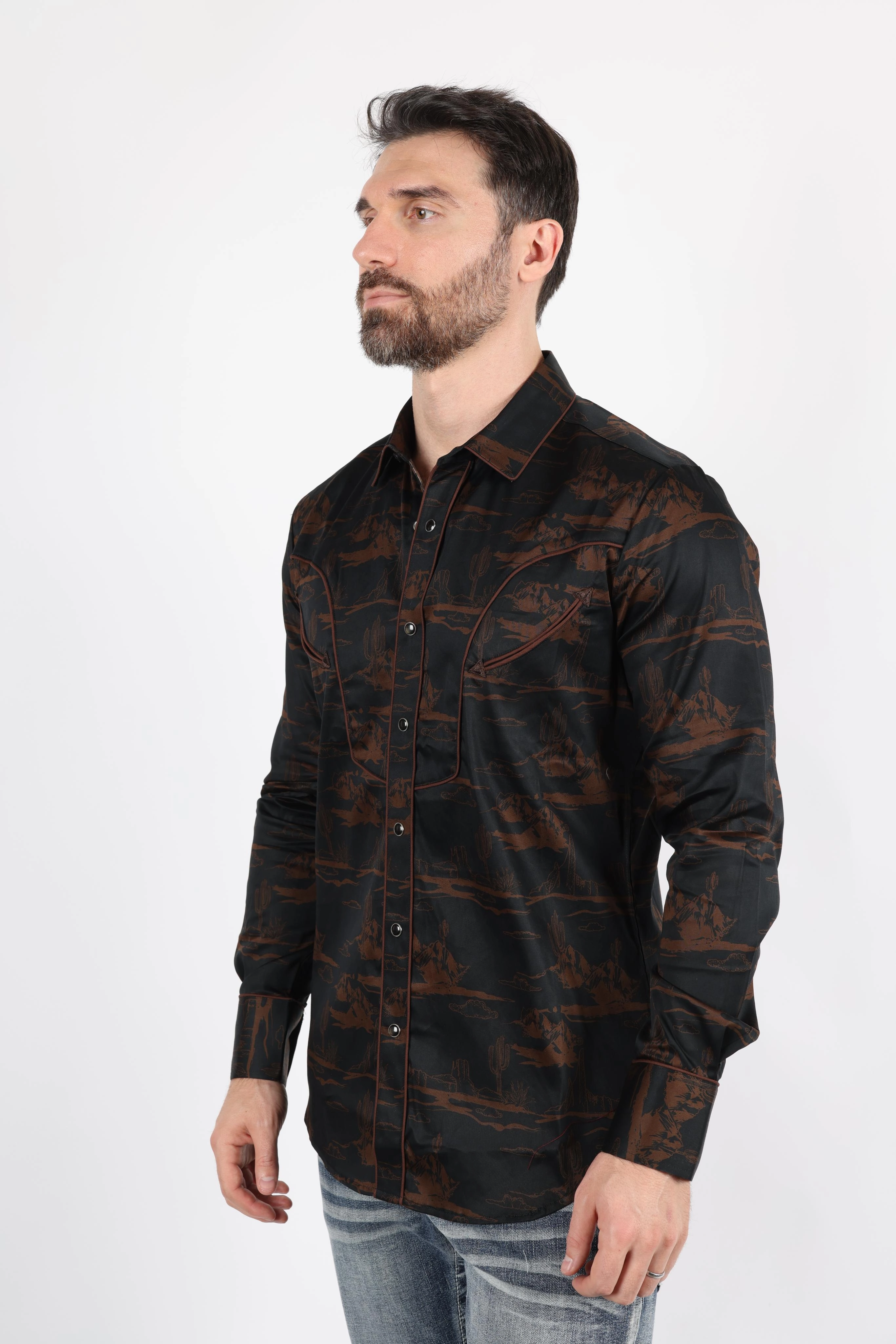 Seasonal Comfort Mens Modern Fit Cotton Stretch Piping Cactus Monogram Print Shirt