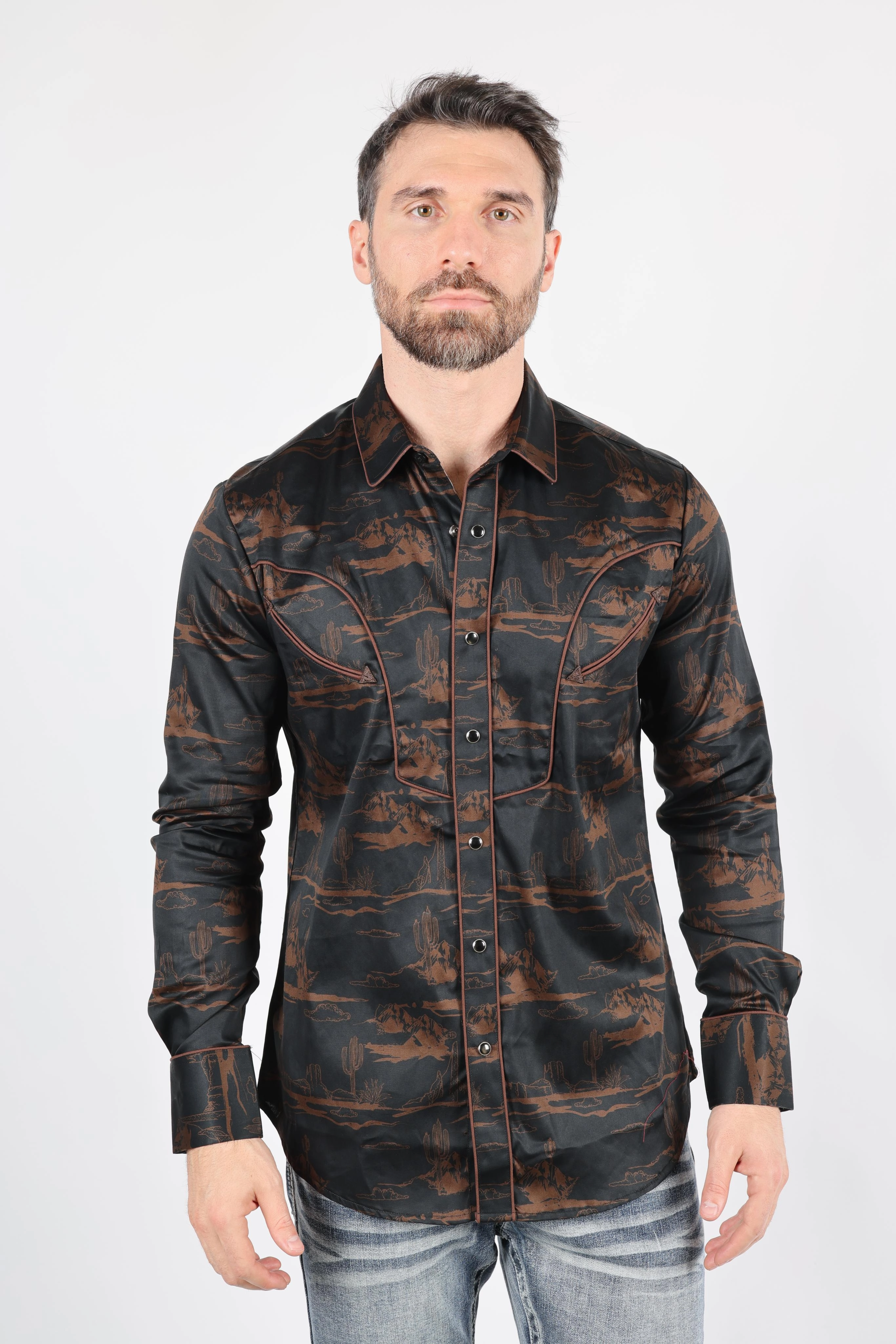 Mens Modern Fit Cotton Stretch Piping Cactus Monogram Print Shirt Layered Sleeve Cuffs Trendy Design