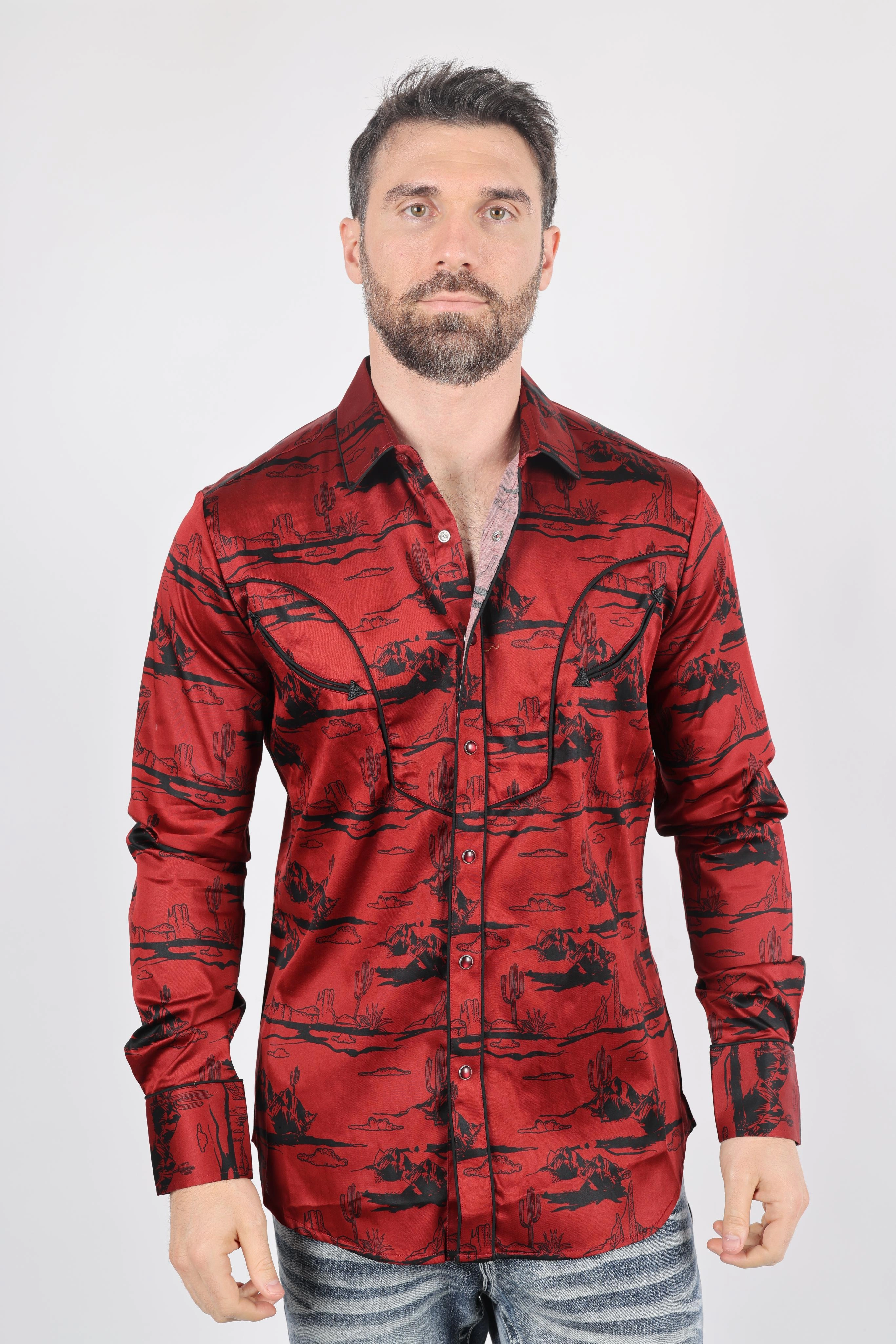 Mens Modern Fit Cotton Stretch Piping Cactus Monogram Print Shirt Fitted Silhouette Checkered Look