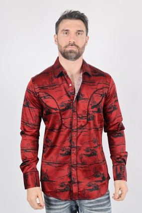 Mens Modern Fit Cotton Stretch Piping Cactus Monogram Print Shirt Fitted Silhouette Checkered Look