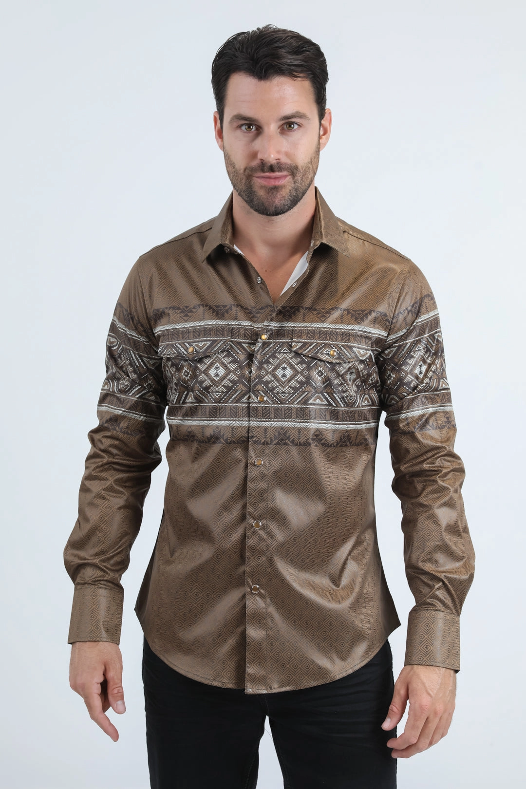 Mens Modern Fit Panoramic Foil Print Camel Shirt Comfortable Layer Polo Style