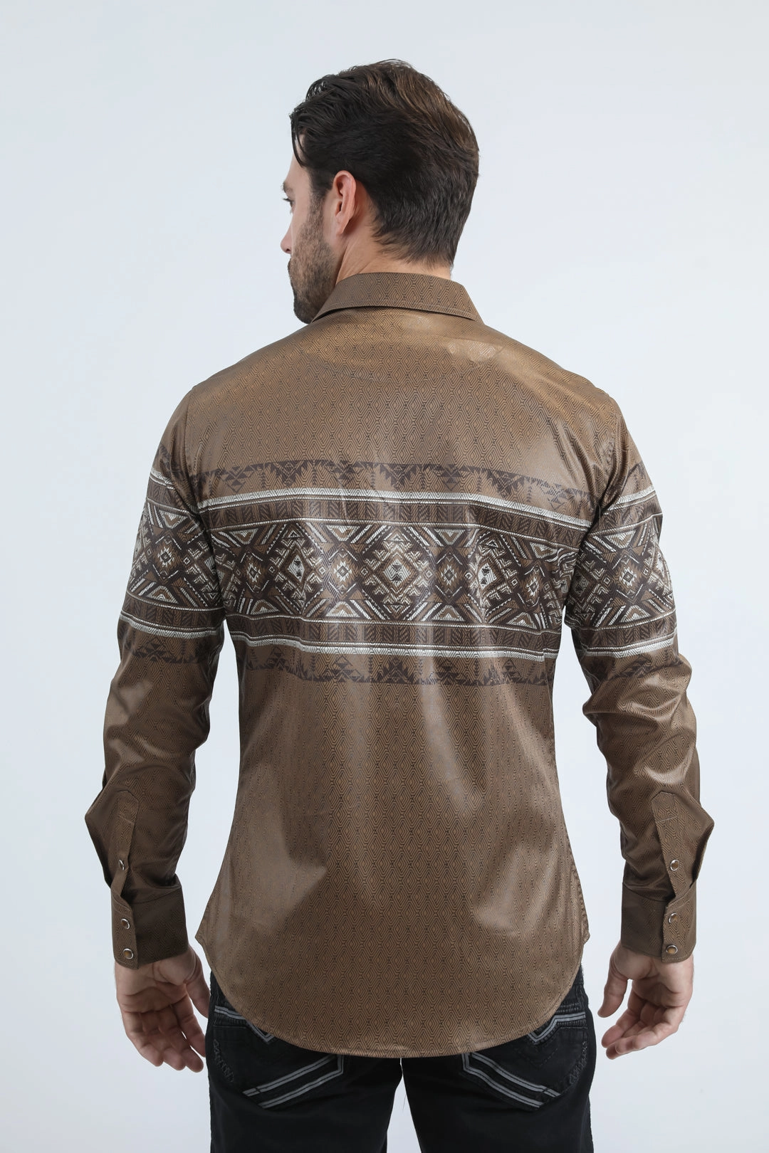 Mens Modern Fit Panoramic Foil Print Camel Shirt Non Irritating Seams Casual Design