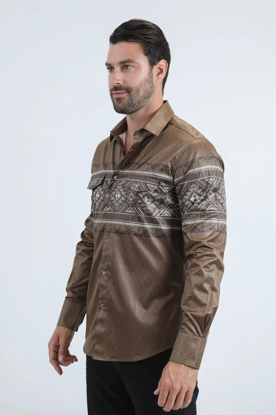 Mens Modern Fit Panoramic Foil Print Camel Shirt Vintage Style Resort Wear